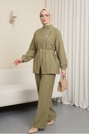 Gold Düğmeli Tokalı Kemerli Fırfır Detaylı Cupra Takım  -Haki