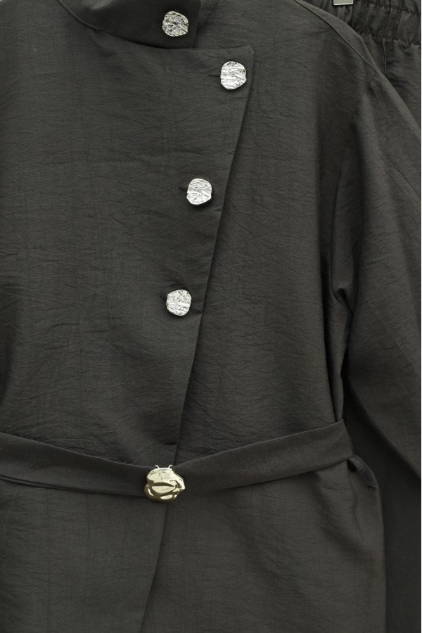 Cupra Suit with Gold Buttons, Buckle, Belt, and Ruffle Details -Dark Coffee