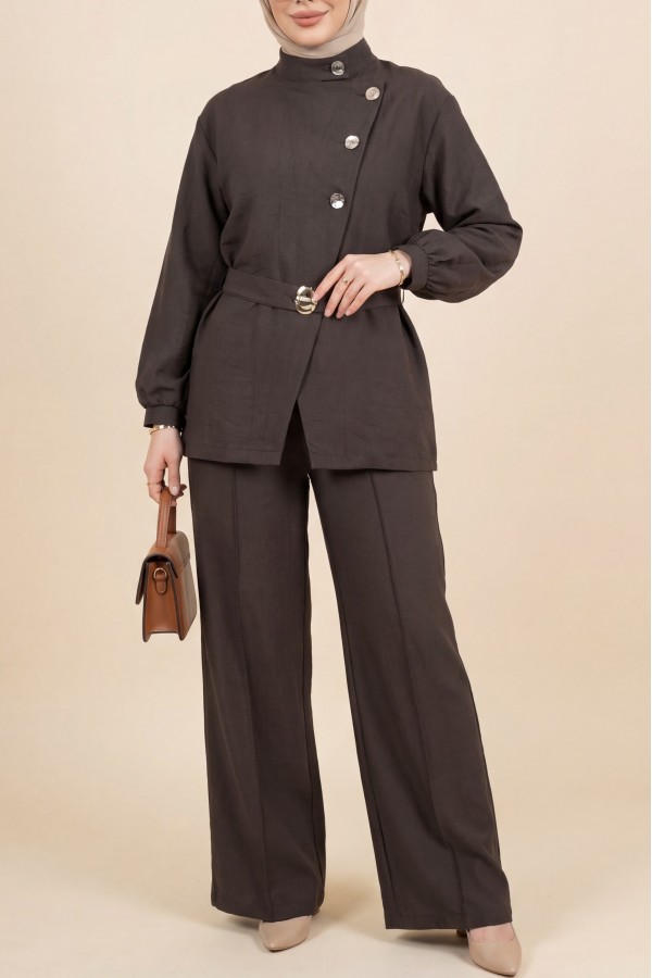 Cupra Suit with Gold Buttons, Buckle, Belt, and Ruffle Details -Dark Coffee