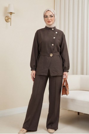 Gold Düğmeli Tokalı Kemerli Fırfır Detaylı Cupra Takım  -K. Kahve