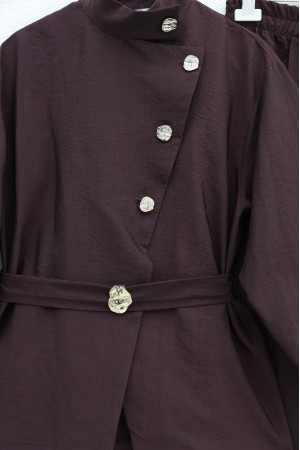 Gold Düğmeli Tokalı Kemerli Fırfır Detaylı Cupra Takım  -Mürdüm