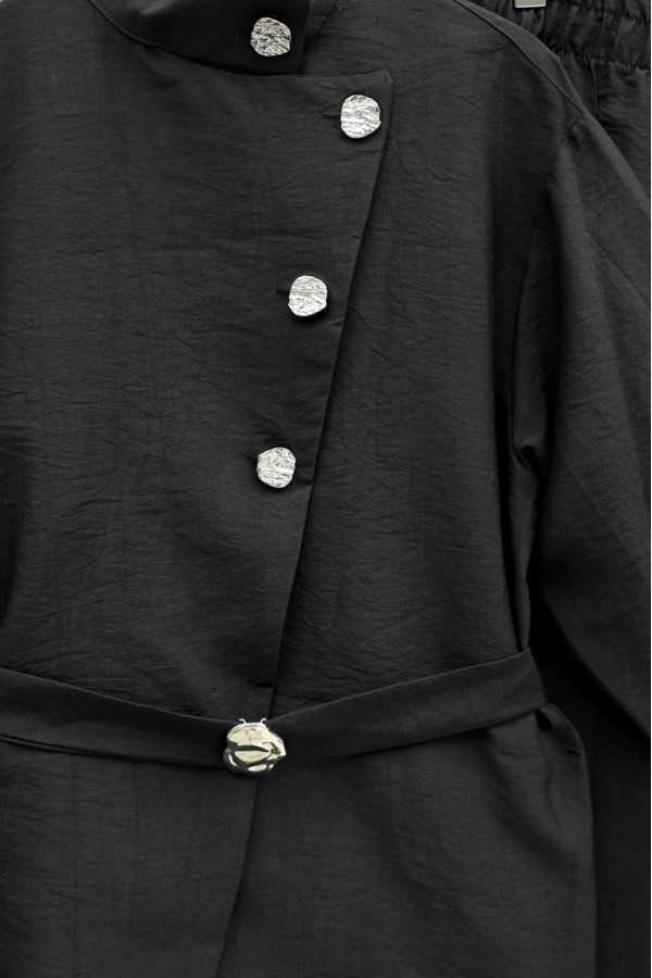 Cupra Suit with Gold Buttons, Buckle, Belt, and Ruffle Details -Black