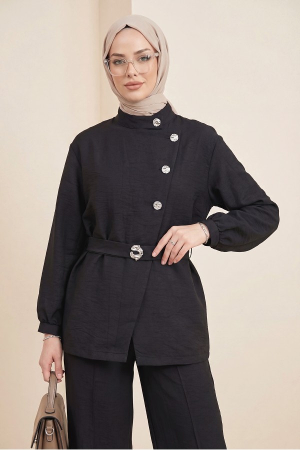 Cupra Suit with Gold Buttons, Buckle, Belt, and Ruffle Details -Black