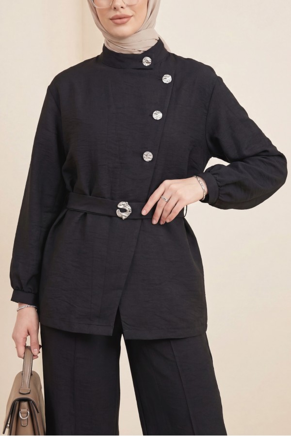 Cupra Suit with Gold Buttons, Buckle, Belt, and Ruffle Details -Black