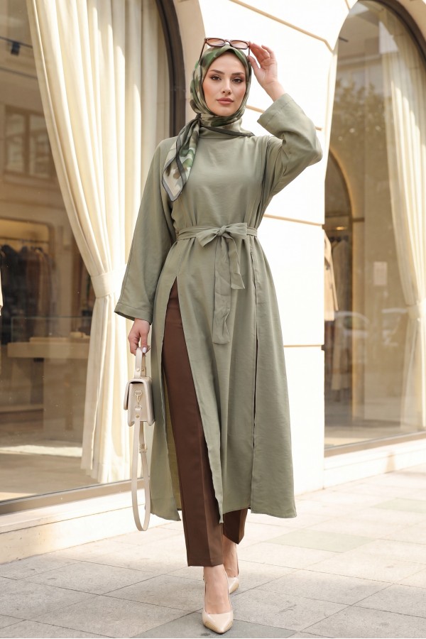 Mandarin Collar Deep Slit Belted Long Modal Tunic -Cagla Green
