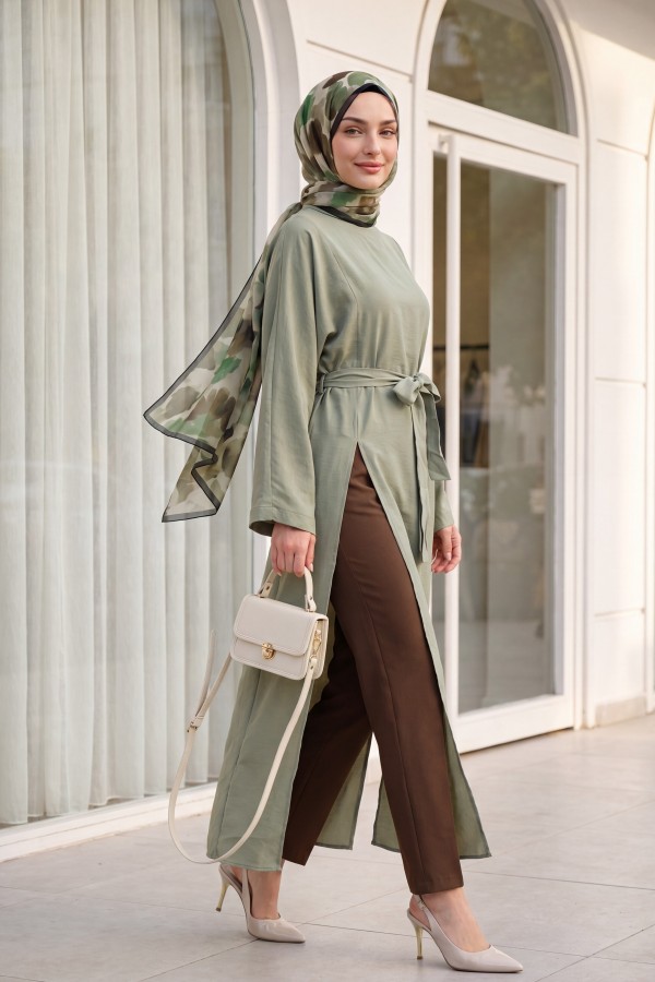 Mandarin Collar Deep Slit Belted Long Modal Tunic -Cagla Green