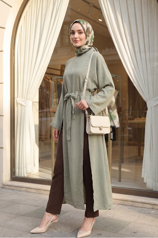 Mandarin Collar Deep Slit Belted Long Modal Tunic -Cagla Green
