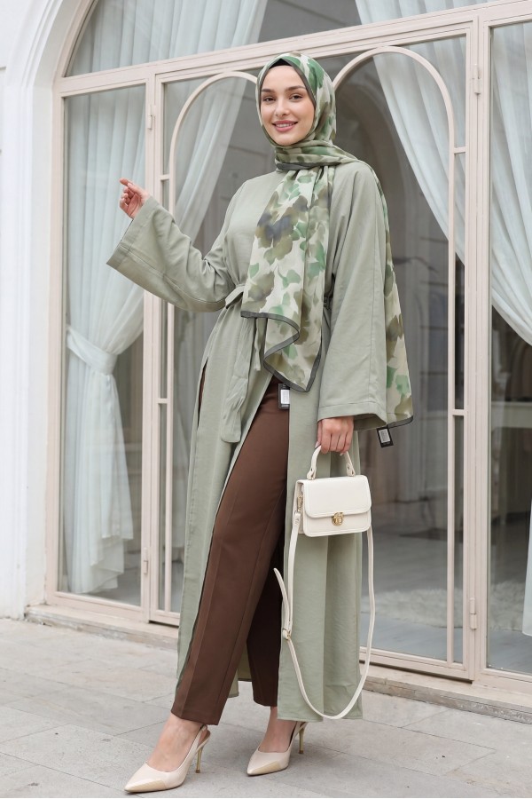 Mandarin Collar Deep Slit Belted Long Modal Tunic -Cagla Green