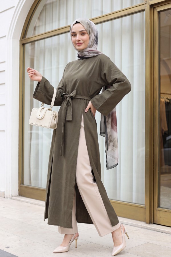 Mandarin Collar Deep Slit Belted Long Modal Tunic -Khaki
