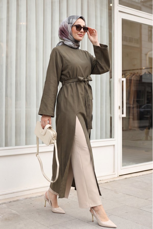 Mandarin Collar Deep Slit Belted Long Modal Tunic -Khaki