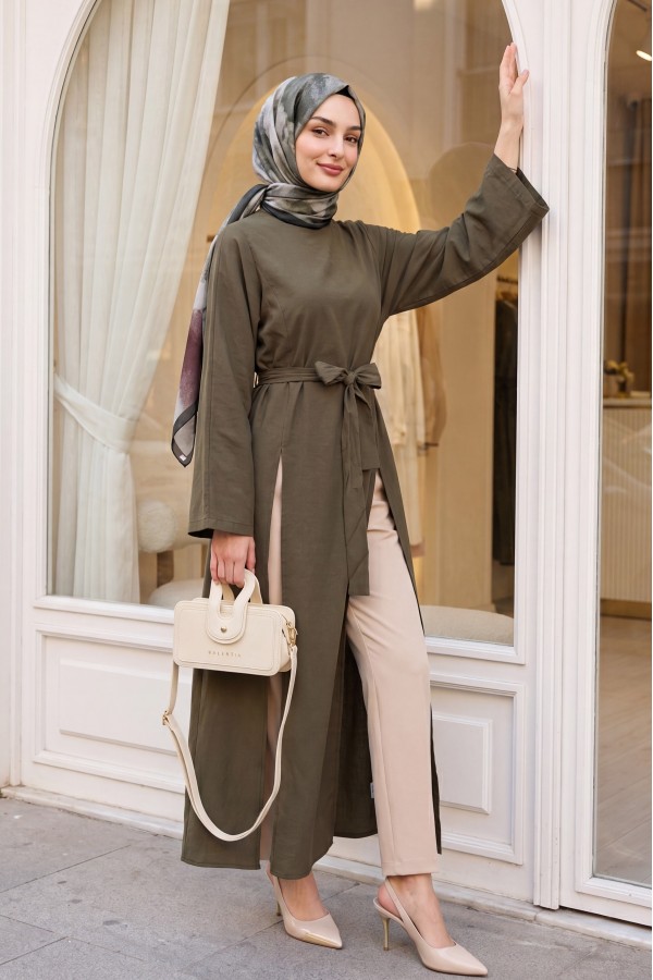 Mandarin Collar Deep Slit Belted Long Modal Tunic -Khaki