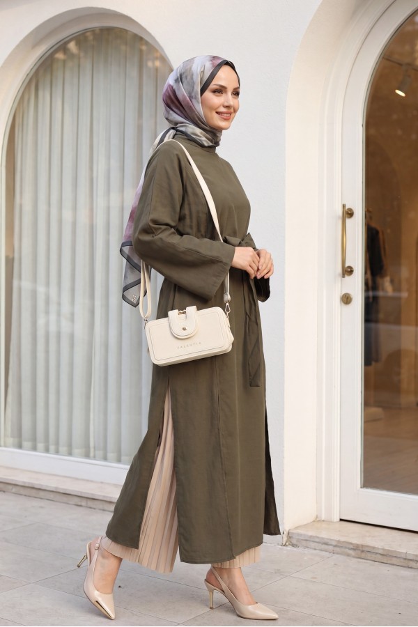 Mandarin Collar Deep Slit Belted Long Modal Tunic -Khaki