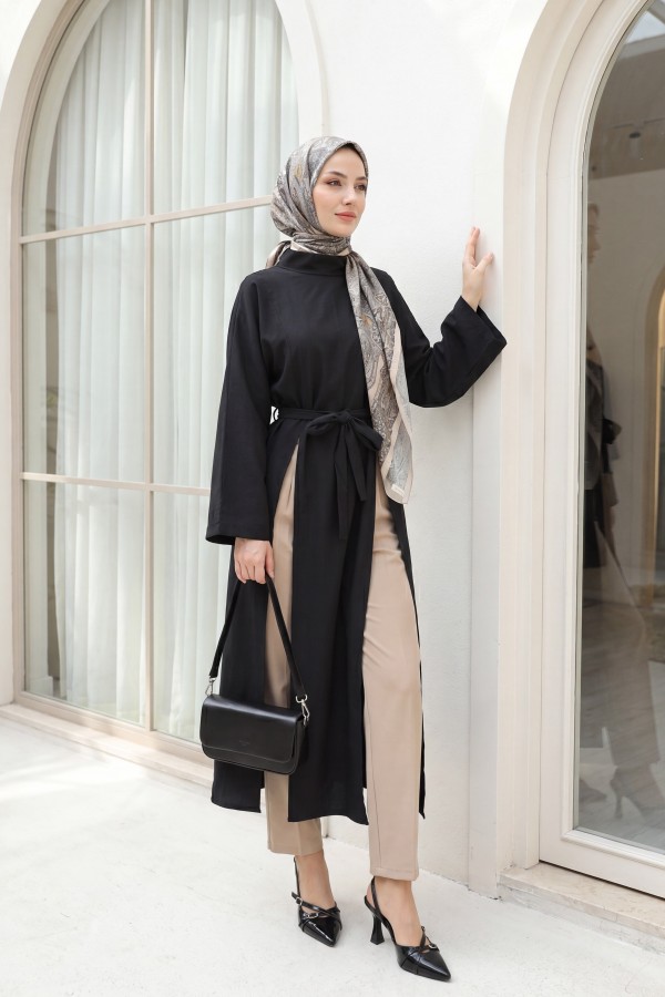 Mandarin Collar Deep Slit Belted Long Modal Tunic -Black