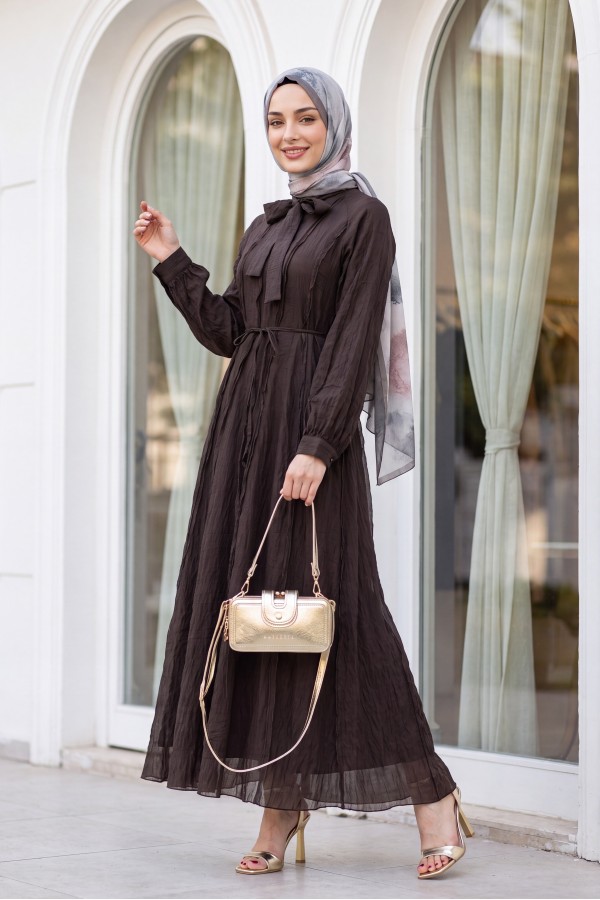 Lined Raglan Sleeve Dress with Tie Neckline and Belt -Dark Coffee