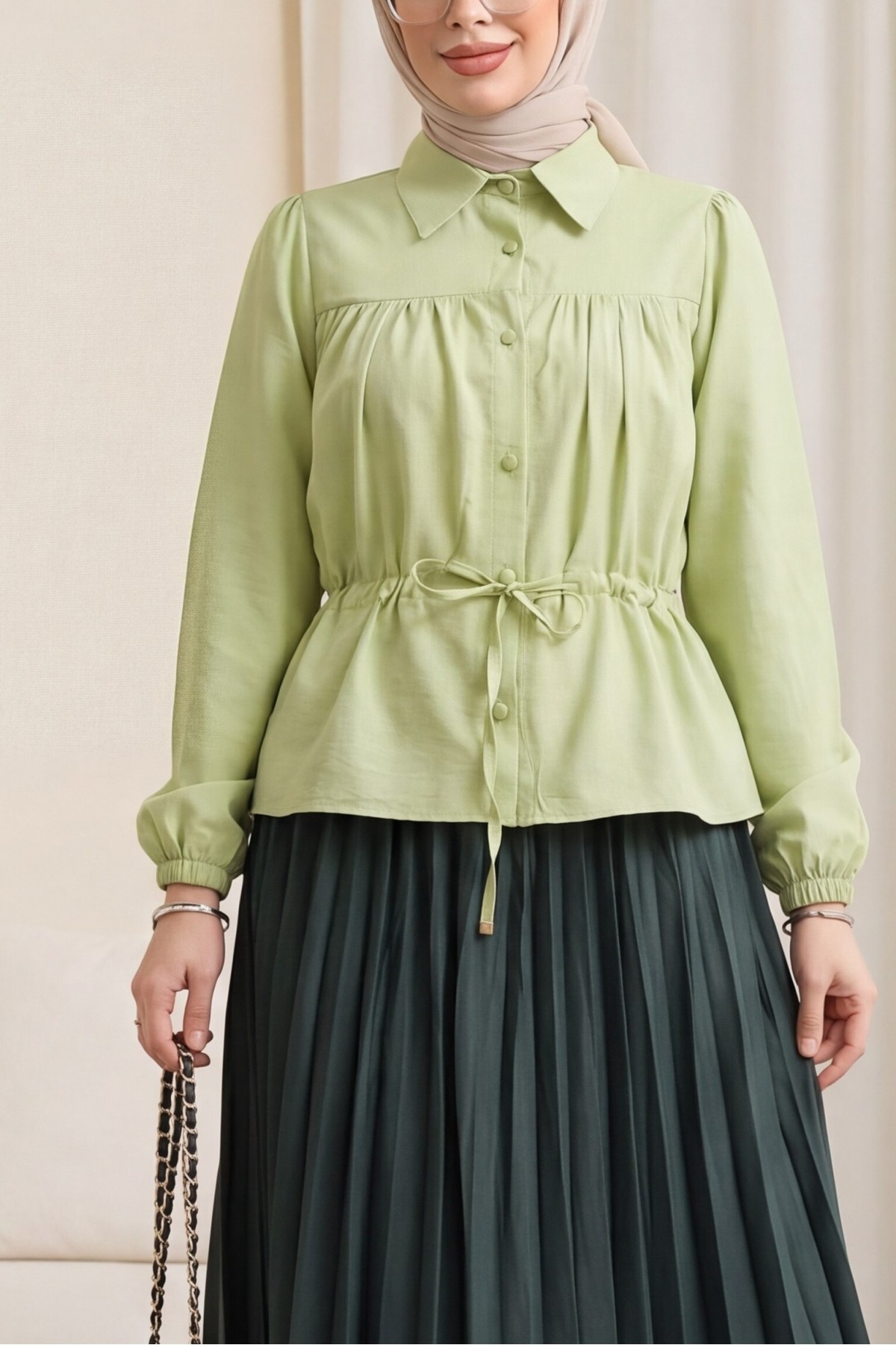 Tunnel Laced Buttoned Shirt Blouse -PISTACHIO GREEN