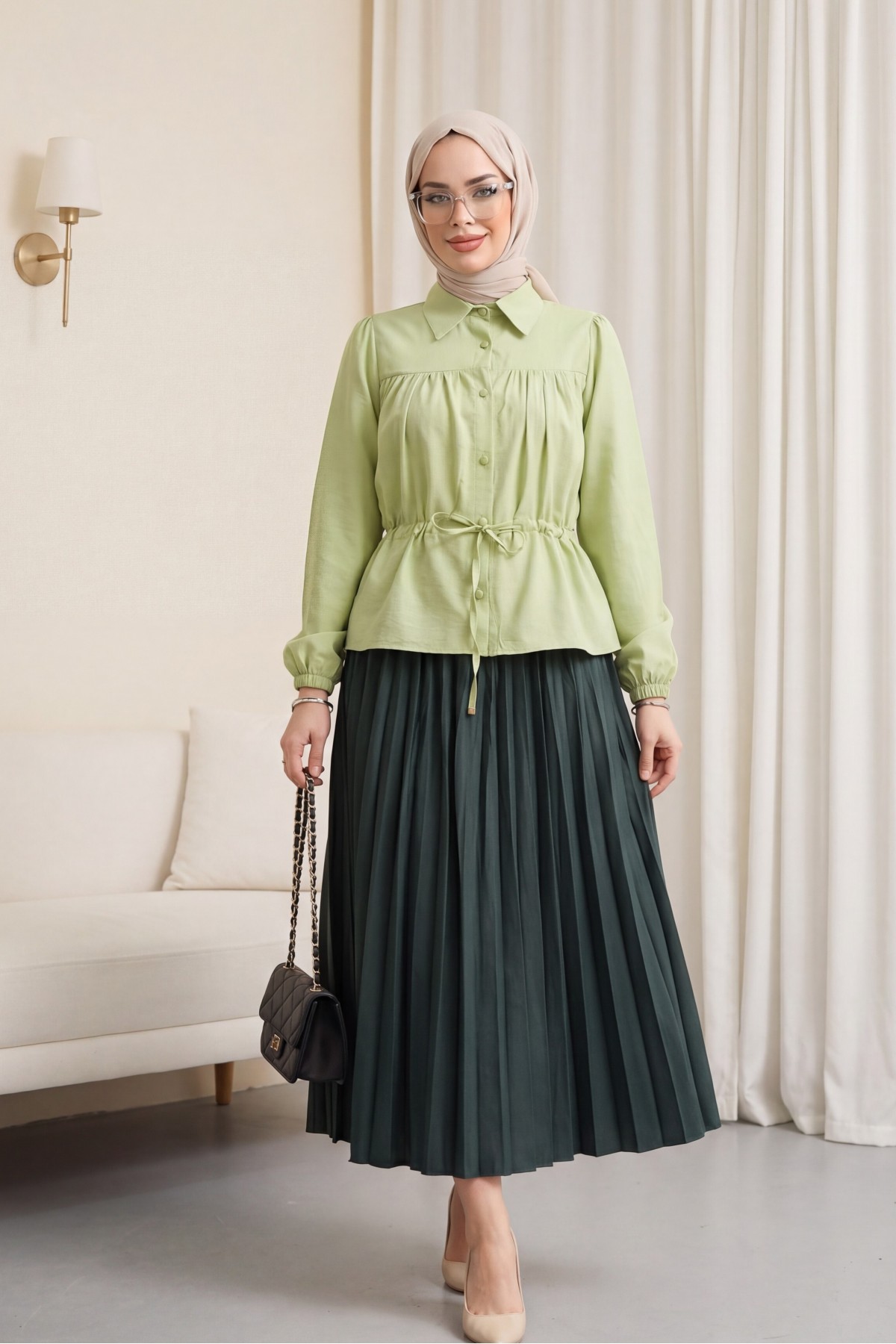 Tunnel Laced Buttoned Shirt Blouse -PISTACHIO GREEN