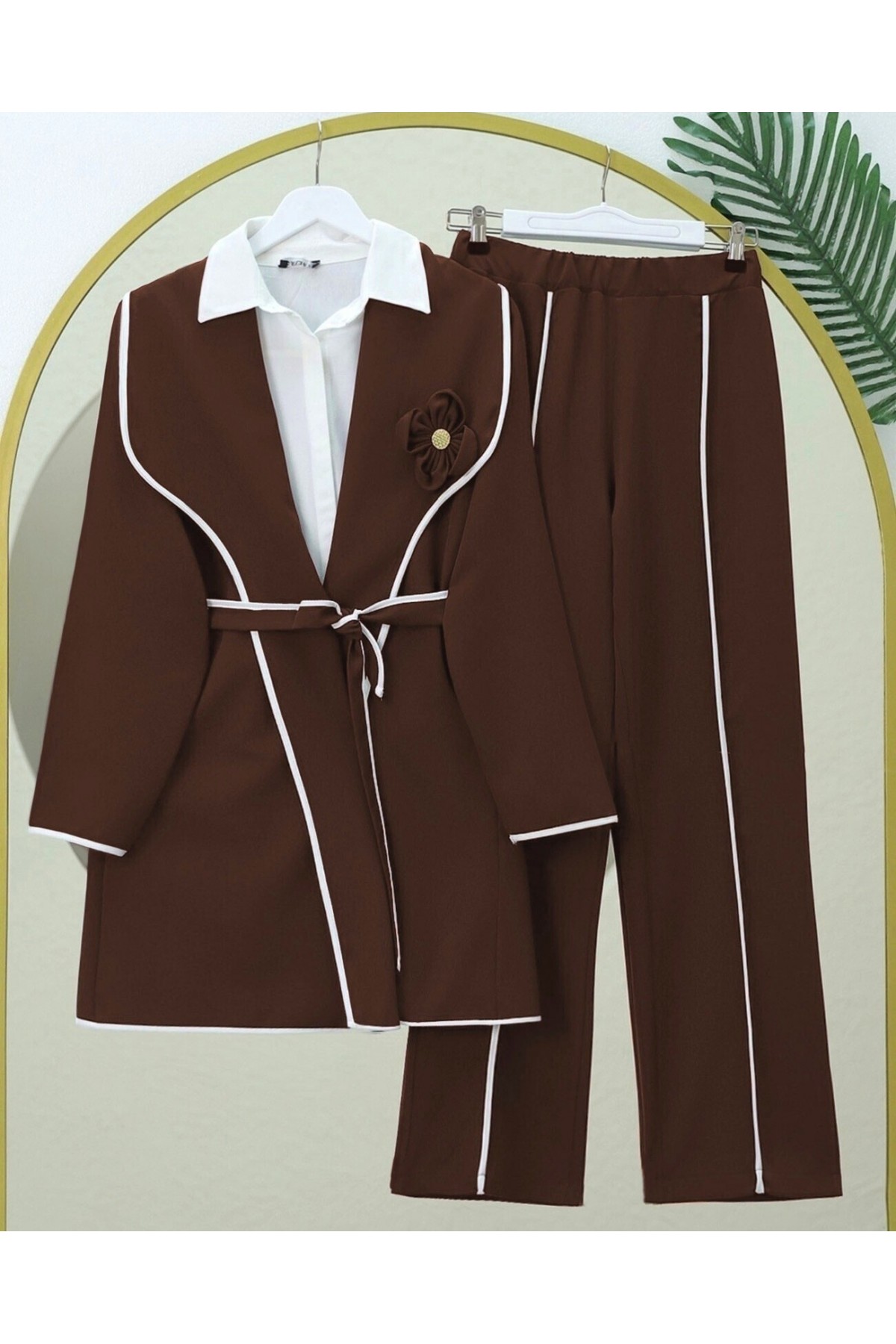 Belted and Piping Trouser Suit  -Brown