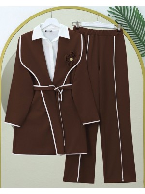 Kemerli Biyeli Pantolonlu Takım  -Kahve