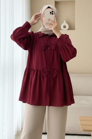 Önü Fiyonk Detaylı Parçalı Gömlek  -Bordo