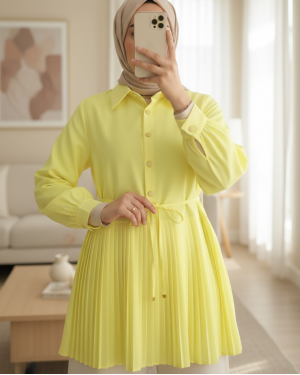 Yarım Düğmeli Beli Bağlamalı Piliseli Gömlek  -Açık Sarı