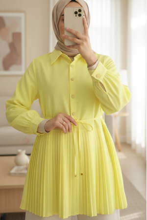 Yarım Düğmeli Beli Bağlamalı Piliseli Gömlek  -Açık Sarı