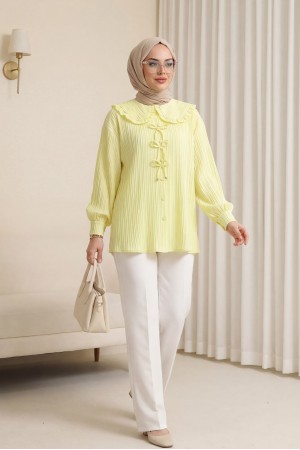 Önü Kurdele Detaylı Düğmeli Önlük Yaka Gömlek -Açık Sarı
