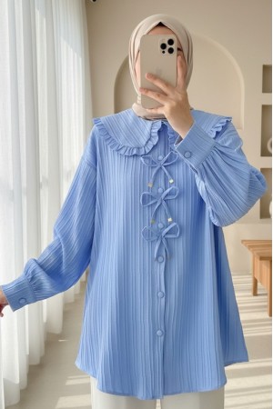 Önü Kurdele Detaylı Düğmeli Önlük Yaka Gömlek -Mavi