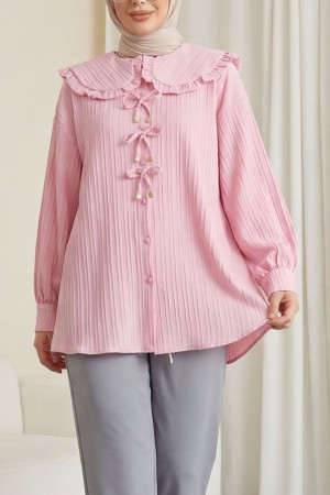 Önü Kurdele Detaylı Düğmeli Önlük Yaka Gömlek -Pembe