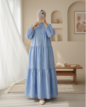 Half Buttoned Jacquard Printed Piece Dress with Elastic Sleeves -Light blue