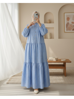 Half Buttoned Jacquard Printed Piece Dress with Elastic Sleeves -Light blue
