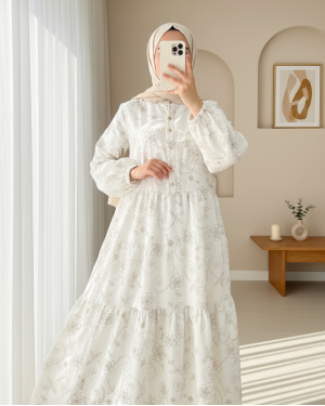 Half Buttoned Jacquard Printed Piece Dress with Elastic Sleeves -White