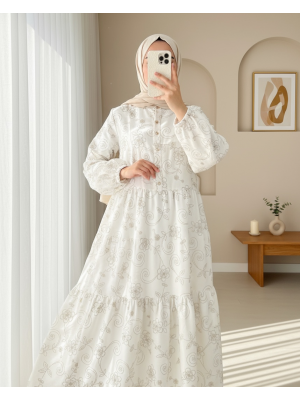 Half Buttoned Jacquard Printed Piece Dress with Elastic Sleeves -White