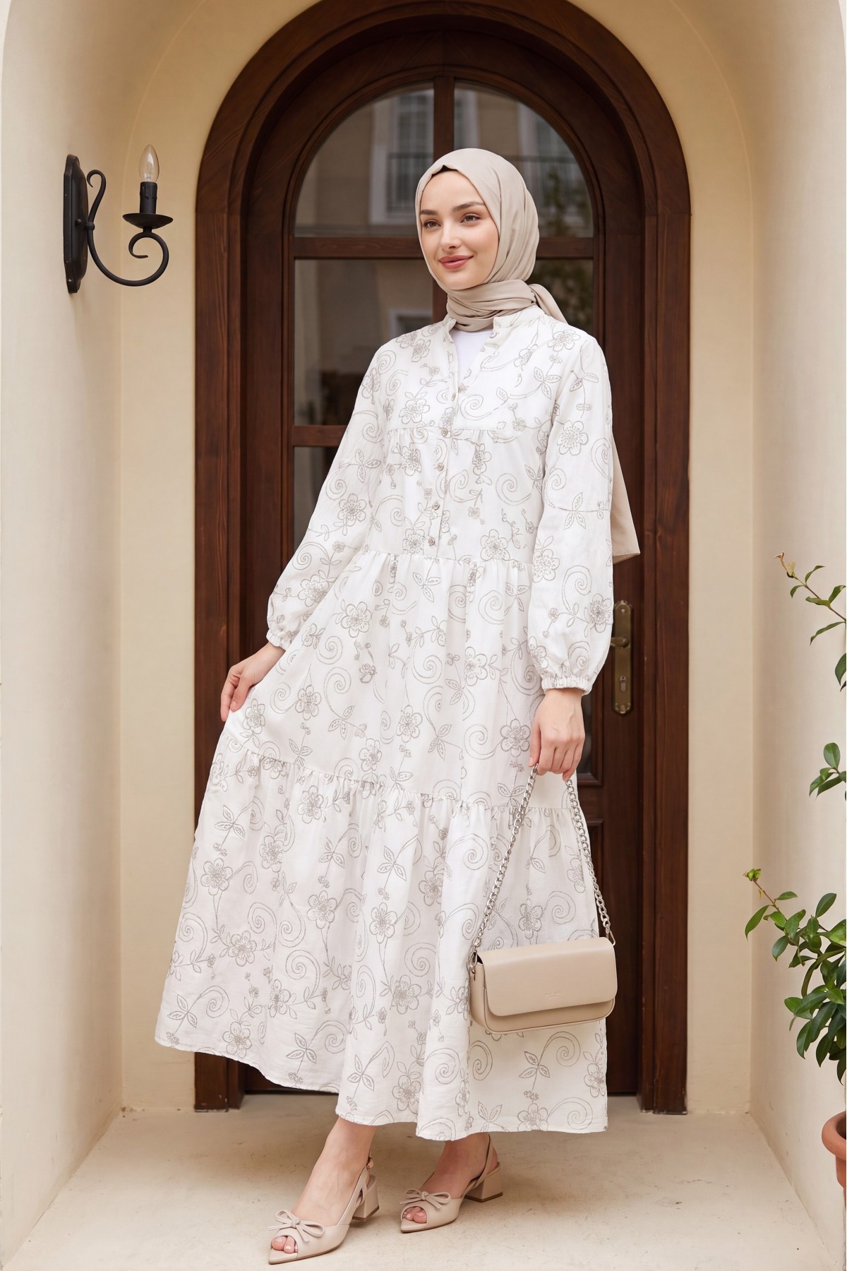 Half Buttoned Jacquard Printed Piece Dress with Elastic Sleeves -White
