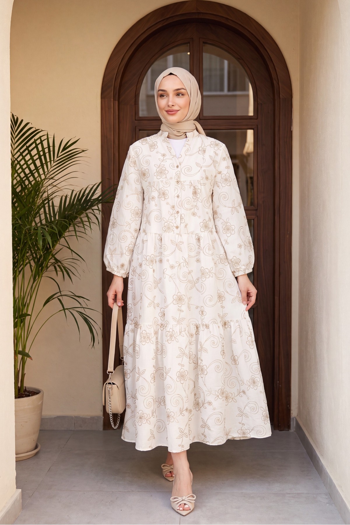 Half Buttoned Jacquard Printed Piece Dress with Elastic Sleeves -White