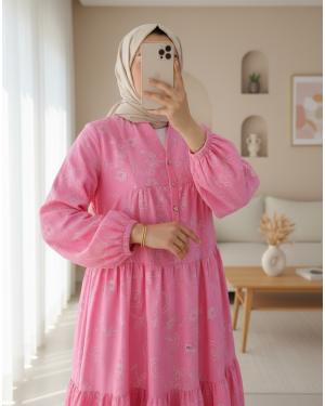 Half Buttoned Jacquard Printed Piece Dress with Elastic Sleeves -Pink