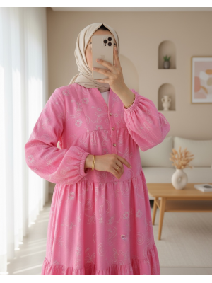 Half Buttoned Jacquard Printed Piece Dress with Elastic Sleeves -Pink