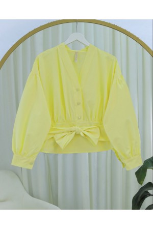 Half Buttoned Waist Belted Poplin Shirt -Light yellow