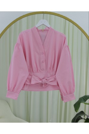 Half Buttoned Waist Belted Poplin Shirt -Powder