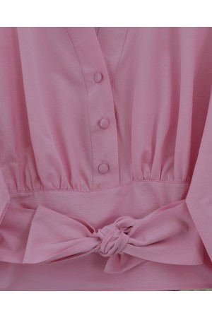 Half Buttoned Waist Belted Poplin Shirt -Powder