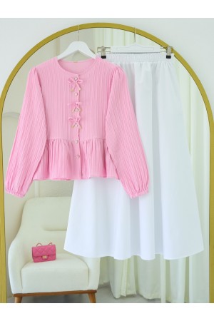 Buttoned Blouse with Elastic Sleeves and Bow Detail on the Front -Pink