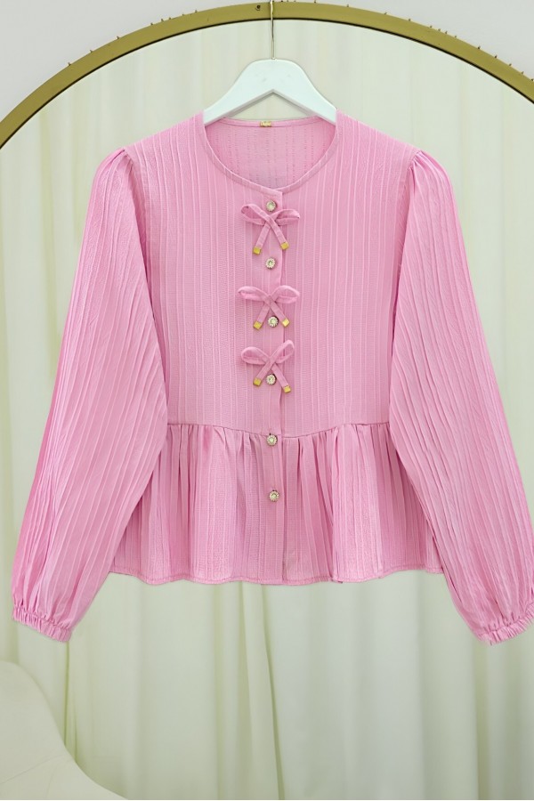 Buttoned Blouse with Elastic Sleeves and Bow Detail on the Front -Pink