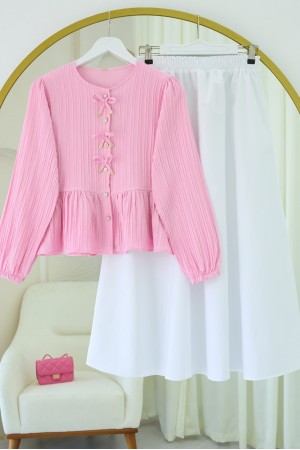 Önü Fiyonk Detaylı Düğmeli Kolu Lastikli Bluz -Pembe