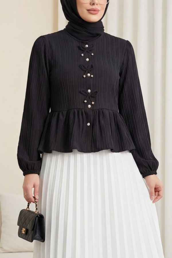 Buttoned Blouse with Elastic Sleeves and Bow Detail on the Front -Black