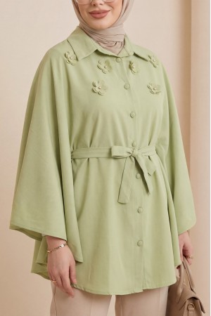 Önü Çiçek Detaylı Beli Bağcıklı Düğmeli Panço -Çağla Y.