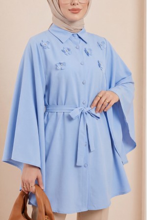 Önü Çiçek Detaylı Beli Bağcıklı Düğmeli Panço -Mavi