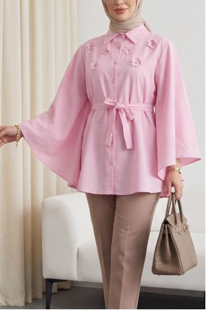 Önü Çiçek Detaylı Beli Bağcıklı Düğmeli Panço -Pembe