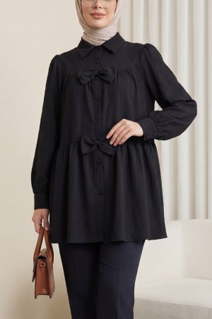 Önü Fiyonk Detaylı Parçalı Gömlek   -Siyah