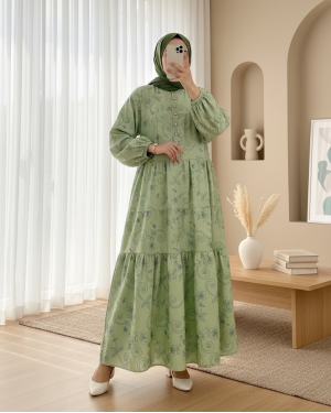 Half Buttoned Jacquard Printed Piece Dress with Elastic Sleeves  -Khaki