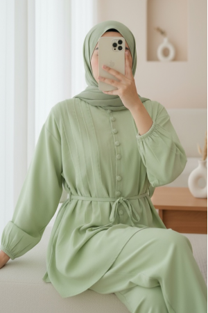 Kolu Bağcıklı Düğmeli V Yaka Tunik Pantolon Takım -A.Yeşil