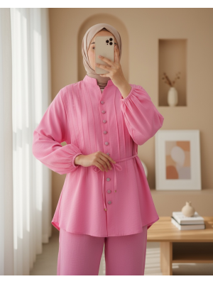 Kolu Bağcıklı Düğmeli V Yaka Tunik Pantolon Takım -Pembe
